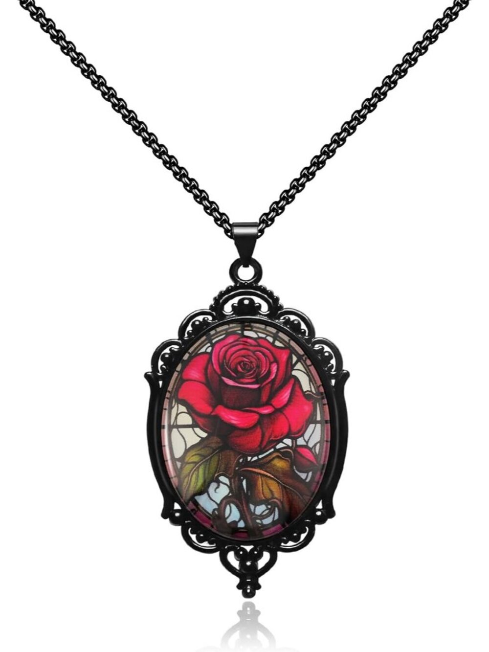 Women's Red Rose Necklace as Goth Accessories Bat Pendant Halloween Jewelry